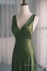 A-Line Green Satin V-Neckline Low Back Prom Dresses, Green Evening Dresses
